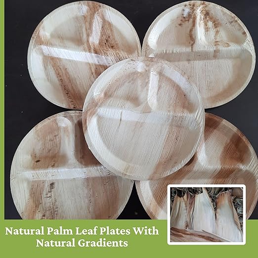 Dtocs 3 Compartment Plates (50 Pc) Palm Leaf 10 Inch Round Portion Control Buffet Sectional Plate | Bamboo Plates Disposable Like Compostable Camping Dinnerware Stronger than Divided Paper, Styrofoam-PurrikoPets