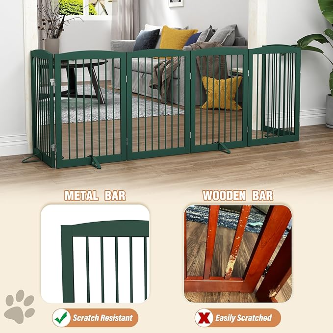 Freestanding Pet Gate for Dogs, Foldable Wooden Dog Gate for House, Extra Wide Indoor Pet Barrier for Stair, Doorway, Hall, Support Feet Included, 120 Inch Wide, 6 Panels 24",Green-PurrikoPets