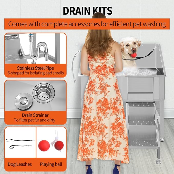 38 Inch Dog Bathing Station for Large Dogs, Stainless Steel Dog Pet Washing Station, Professional Dog Grooming Tub, Pet Wash Bath Station,Right Door-PurrikoPets
