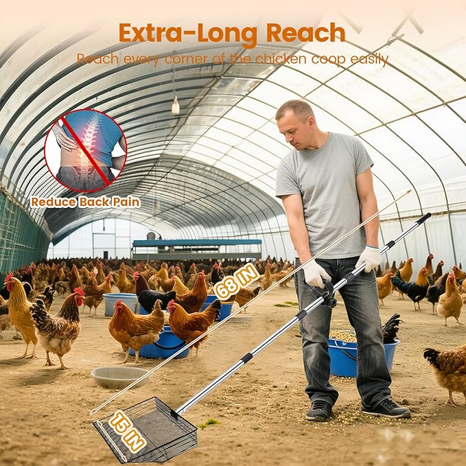 15 inch Extra Large Chicken Poop Scooper with Ergonomic Grip,5-in-1 Heavy Duty Adjustable Coop Scoop for Poop (24 to 68"), Stainless Steel Sifting Litter Shovel Scoop for Chicken Coop-PurrikoPets
