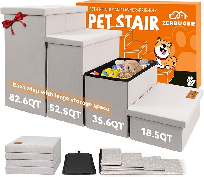 Dog Stairs with Storage 23" H, 4-Step Wider Dog Steps for High Beds Window, Folding Sturdy Pet Stairs Gift for Small/Medium/Large Old Dogs Cat, Ramp for Climbing Car Up to 200 lbs, Beige-PurrikoPets