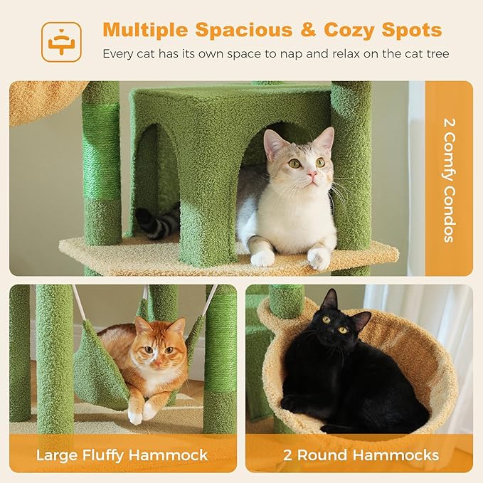 71.2" Large Cat Tree for Multi-Cat Households - 9-Level Cat Tower w/5 Sisal Scratching Posts, 2 Condos, Soft Hammock, Top Perch & Pom Poms - Heavy-Duty Space-Saving Design, Cactus Green-PurrikoPets