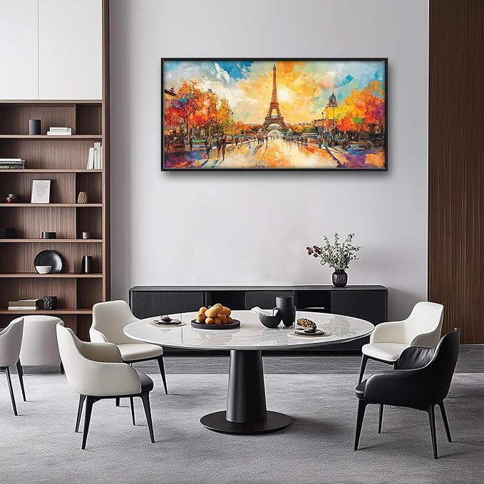 Framed Large Eiffel Tower Wall Art for Living Room, Oversized Paris City Street Landscape Wall Decor, Colorful Sunrise Canvas Painting Modern Artwork for Living Room Bedroom Office 60"x30"-PurrikoPets