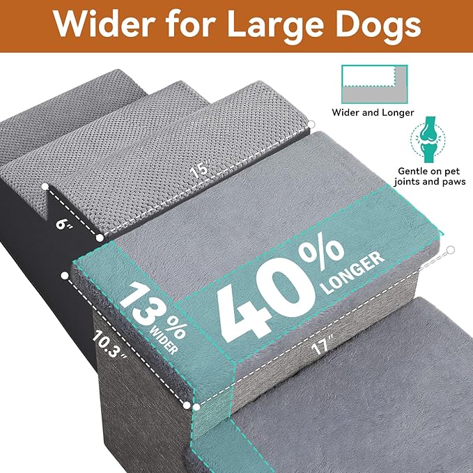 Dog Stairs with Furry Lids 18" H, 3-Step Wider Dog Steps with Storage for Small/Medium/Large Old Dogs Cats, Folding Sturdy Pet Stairs Climbing Bed Couch, Ramp for Car Hold Up to 200 lbs, Grey-PurrikoPets