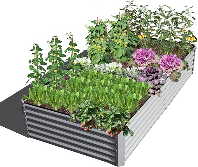 Domi Raised Garden Beds Outdoor, 8x4x1.5Ft Thickening Tall Metal Rectangular Deep Root Box Planter for Vegetables, Flowers, Herbs, and Succulents 1.5" Deep w/ 342 Gallon Capacity - Silvery-PurrikoPets