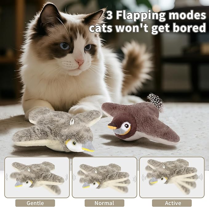 2 PCS Cat Toys, Flapping Bird Cat Toy(No Flying), Interactive Catnip Toy with Catnip Bags, Chirping Noise Moving Wings Dog Cat Kitten Toys, Flappy Flying Pets Toy for Indoor(Brown&Gray Sparrow)-PurrikoPets