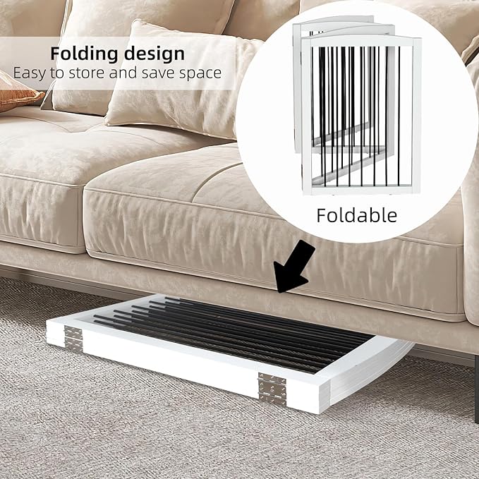 Freestanding Panel Dog Gate for Indoor, Doorways, Stairs, or Hallways - Foldable Wooden Pet Fence With Support Feet - 24" Height, 4 Panels, White-PurrikoPets