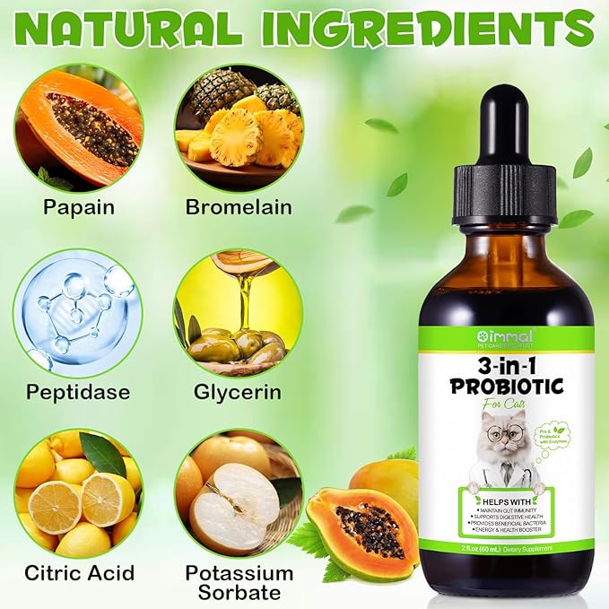 3 in 1 Probiotics for Cats, Cat Digestive Support,Daily Digestive Health Supplement with Multiple Strains of Bacteria Help with Diarrhea,Gas and Bloating, Cat Herbal Supplements- 60ml-PurrikoPets