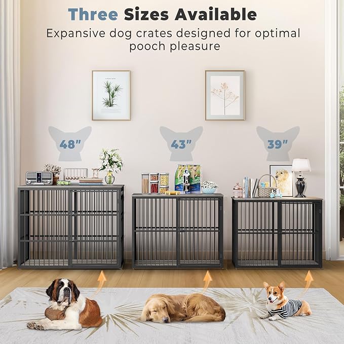 48'' XXL Dog Crate Furniture with 3 Doors, Wooden Crate End Table Heavy Duty Indoor Combination Cage for Medium to Large Dogs, Multiple Units Can be Combined, Grey-PurrikoPets