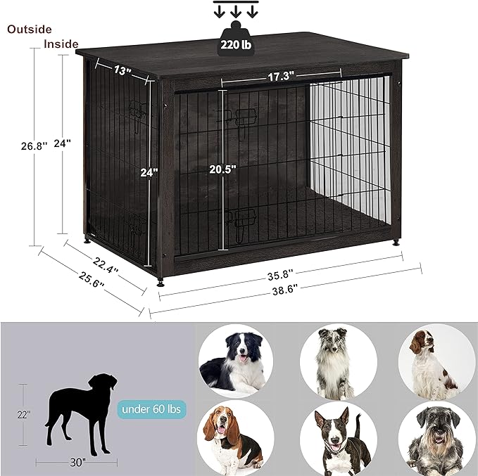 DWANTON Dog Crate Furniture with Cushion, Wooden Kennel Table with Double Doors, Indoor Dog House, Large Size, 38.5" L, Dark Gray-PurrikoPets