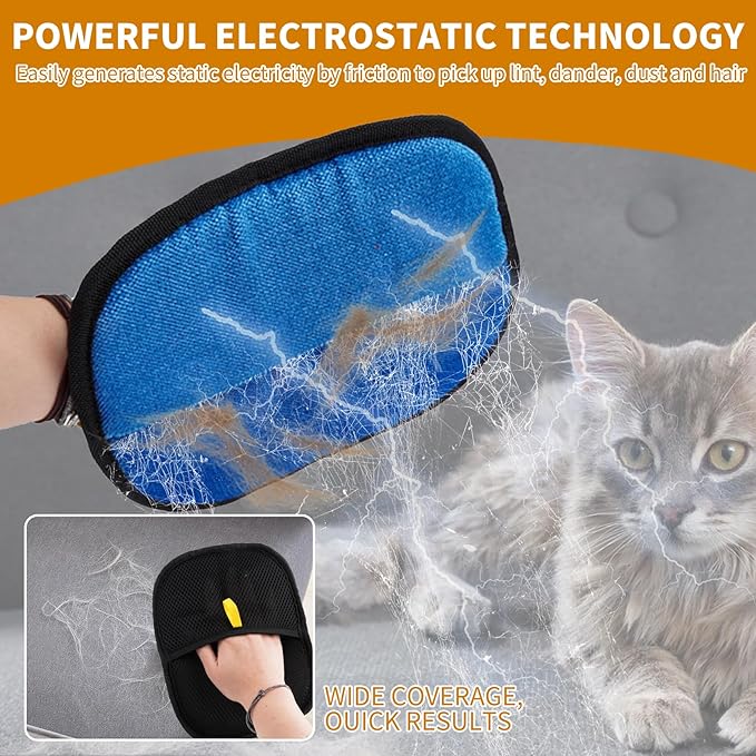 2PCS Electrostatic Pet Grooming Gloves, Reusable Hair Remover for Dog Cat Fur on Clothes Furniture Car Seat/Blue-PurrikoPets