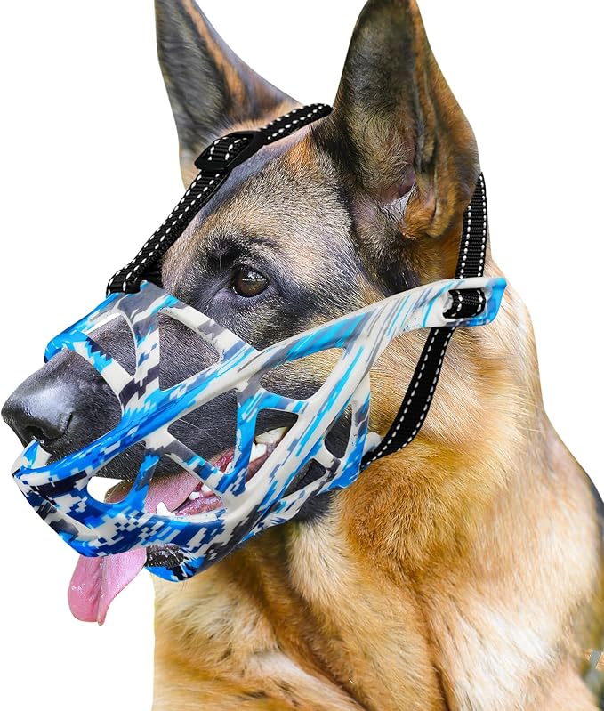 Dog Muzzle for Large Dogs, Medium and X-Large Aggressive Dog, Breathable Basket Muzzles, Suitable for Grooming Trimming Training, Allows Panting Drinking (Camouflage Blue, M)-PurrikoPets