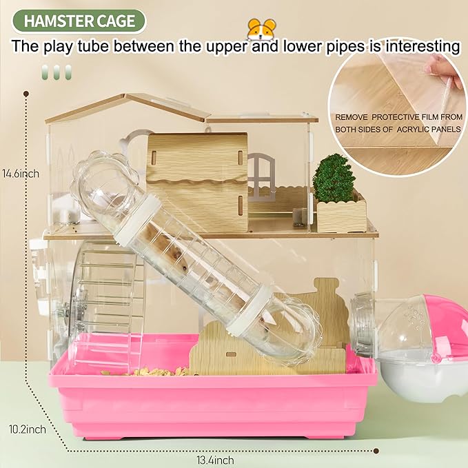 12 in 1 Clear Acrylic Hamster Cage with All Accessories,13.5''L*10''W*15''H Dwarf Hamster Cage,Magnetic Connection Small Hamster Enclosure,Wooden Mouse Cage for Pet Mice(2-Layer,Pink) Install Required-PurrikoPets