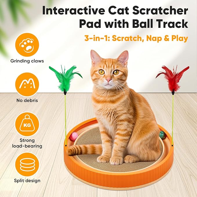 20-Inch Round Cat Scratcher with Ball Track – 3-in-1 Cardboard Cat Scratching Pad with Feather Toys, Non-Slip Base – Interactive Cat Toy for Indoor Cats, Kitten Scratch Play Lounge Board (Orange)-PurrikoPets