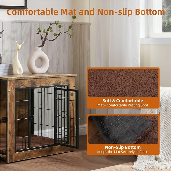 FLEXIMOUNTS Dog Crate Furniture with Cushion, Wooden Dog Kennel Furniture, Heavy Duty Dog Cage, 27" Dog Kennel with Double Doors-PurrikoPets