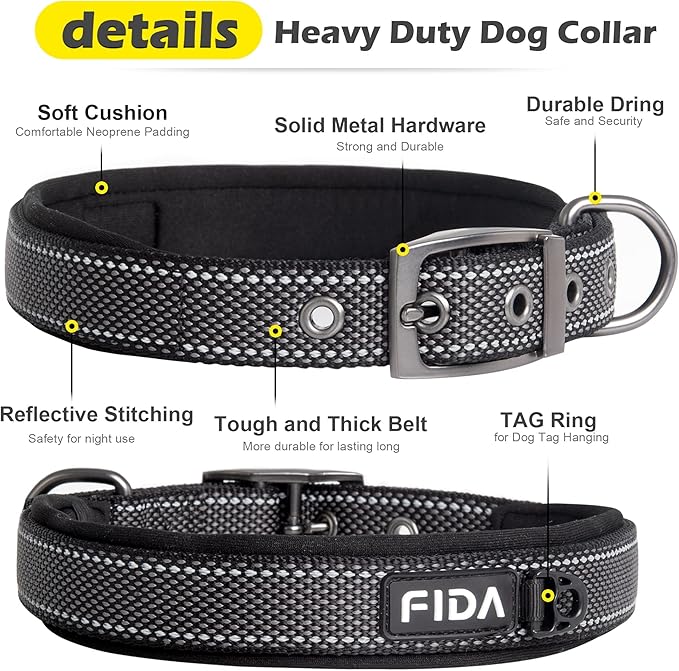 Fida Heavy Duty Dog Collar, Ultra Comfortable Soft Neoprene Padded, Adjustable Reflective Nylon Pet Collar with Durable Metal Belt Buckle for Medium Breeds (M, Black)-PurrikoPets