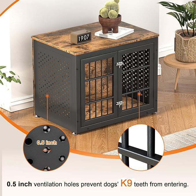 32" Heavy Duty Dog Crate Furniture for Small and Medium Dogs, Metal Kennel for High Anxiety Dogs, Chew Proof Pet Cage Indoor, Decorative Dog Kennel End Table-PurrikoPets
