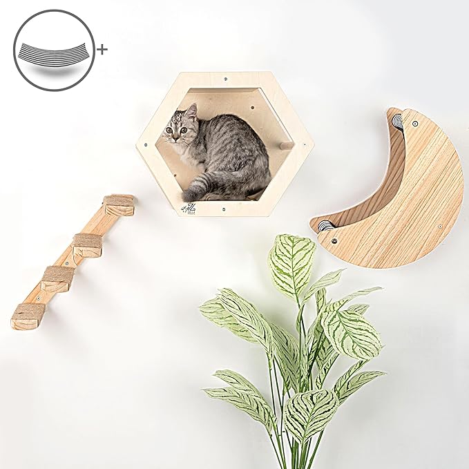 3-Piece Cat Wall Furniture Set - Hammock, Hexagon House, Climbing Steps - Wall Mounted Shelves, Perches, and Beds - Modern Design for Large Cats and Kittens & Spare Hammock Fabric Included-PurrikoPets
