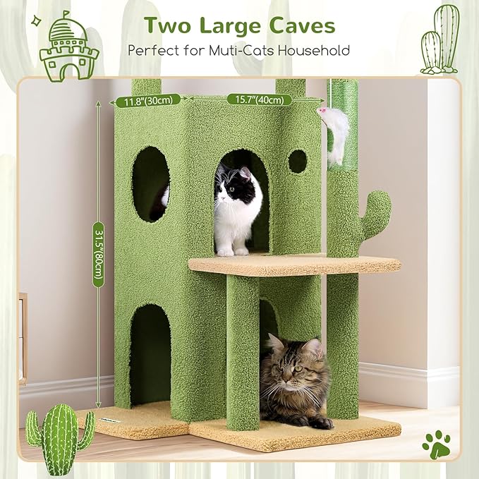 Globlazer Cactus Cat Tree Tower for Indoor Cats, 50-inch Adult Cat Tree House for Large Adult Cats with Steps, Scratching Post, 2 Cat Caves, Dangling Toys, FC50, Green-PurrikoPets