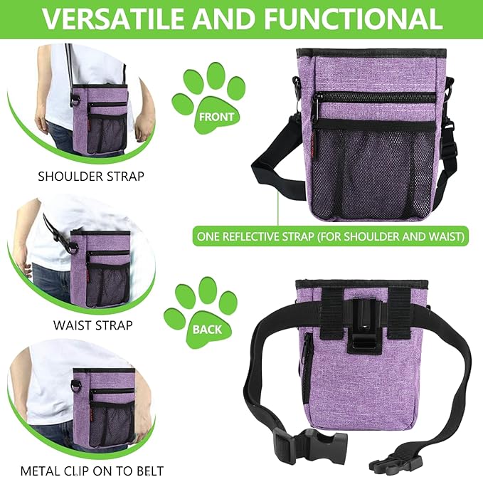 Dog Treat Pouches for Pet Training with Magnetic Closure Treat Pouches for Pet Training,Large Dog Treat Training Pouch and Dog Clicker,Training Treat Pouch Built-In Poop Bag Dispenser-Purple.-PurrikoPets