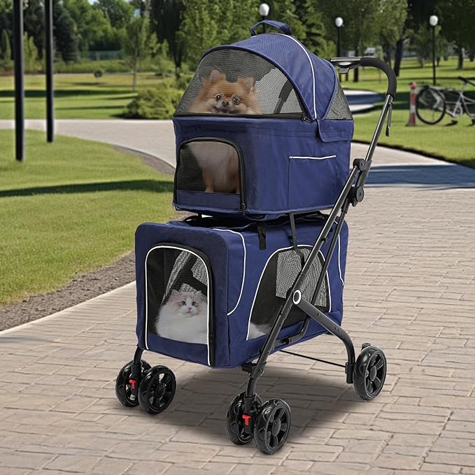 Double Pet Stroller,3.07lbs Dog Cat Carrying Cart,Lightweight Foldable Pet Stroller with 4 Wheels,Blue Portable Compact Pet Travel Cart for Small Dogs and Cats (Blue)-PurrikoPets