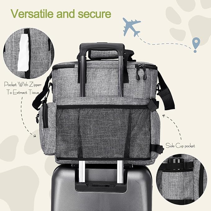 Dog Travel Bag,Weekend Pet Travel Bag Set for Dog and Cat,Airline Approved Tote Multi-Function Dog Bags for Traveling,Include 2 Collapsible Bowls,2 Food Storage Containers,1 Feeding Mat,Gray-PurrikoPets