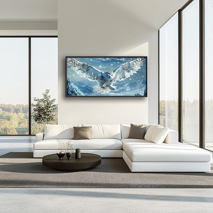 Framed Large Snowy Owl Wall Art for Living Room, Oversized Snowy Mountain Wall Decor Landscape Canvas Painting Modern Artwork Home Decoration for Living Room Bedroom Office 60"x30"-PurrikoPets