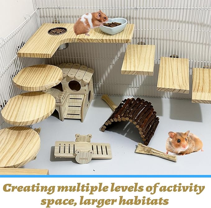 8 Pcs Wooden Hamster Cage Platform Set Wood Juvenile Chinchilla Shelves, Squirrel L-Shape Corner Ledge with Hole Cooling Standing Board Rat Cage Accessories for Gerbil Small Animal Climbing-PurrikoPets