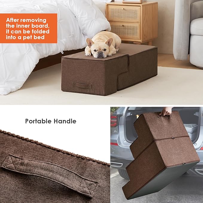 EHEYCIGA Dog Stairs for Bed 20" H, 4-Step Extra Wide Dog Steps for High Bed, Pet Steps for Small Dogs and Cats, Non-Slip Balanced Pet Ramp Indoor, Brown-PurrikoPets