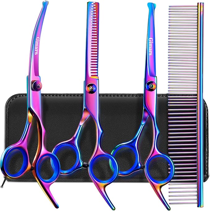 Gimars Dog Grooming Scissors Kit Professional 4CR with Safety Round Tip, 5 in 1 Heavy Duty Titanium Coated Thinning & Curved & Straight Shears-PurrikoPets