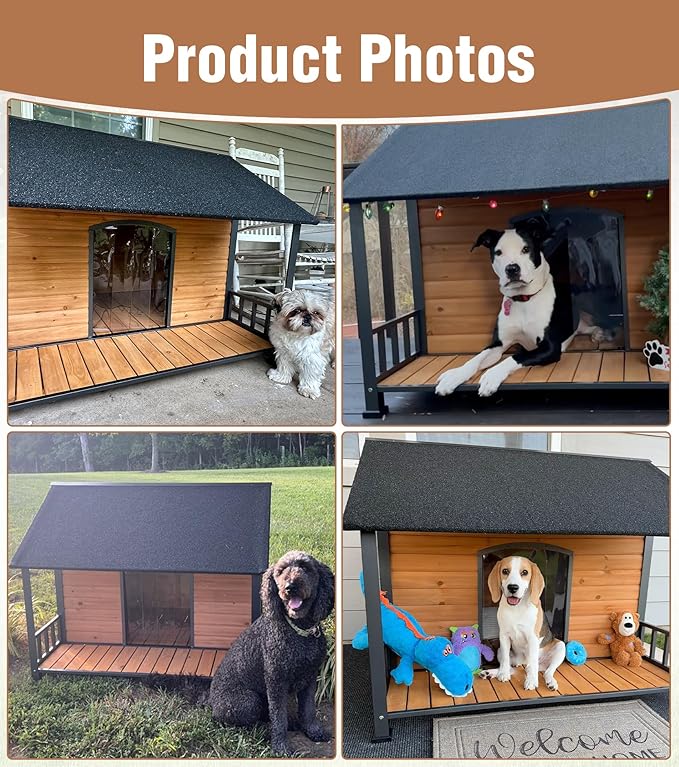 Extra Large Dog House Outdoor for Large Dogs, Insulated Dog House with Metal Frame, Waterproof Dog Shelter with Asphalt Roof, PVC Curtain & Multifunctional Patio, Indoor Outdoor Use-PurrikoPets