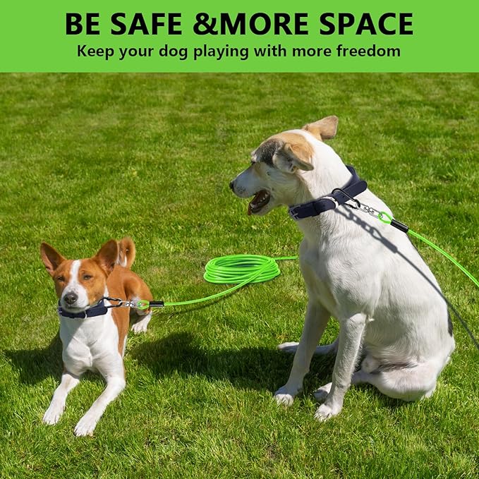 Dog Tie Out Cable 15FT-500Lbs,Heavy Duty Dog Leads&Tether for Yard with Swivel Hook,Small Large Dogs Leash Line for Outside,Rust Chew Proof Dogs Run Cable for Outdoor Camping (Green, 15FT)-PurrikoPets