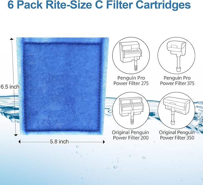 6 Pack Fish Tank Filter Cartridge, Rite-Size C filter cartridges Compatible with Marineland Penguin PRO Power Filters 275/375 & Original Penguin Power Filters 200/350 and AQUA-Tech 20-40 & 30-60-PurrikoPets