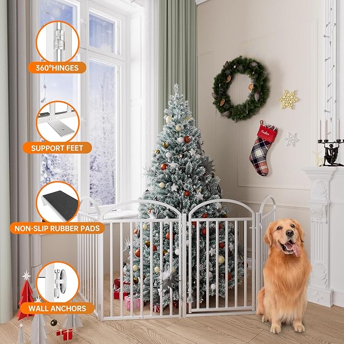 4 Panles Full Matel Freestanding Dog Gates with Door, 96"Extra Wide 32"Tall Free Standing Dog Pet Gate for Indoor & Outdoor. Foldable Pet Fences for Doorways, House, Stairs, Porch, Deck, Yard-PurrikoPets