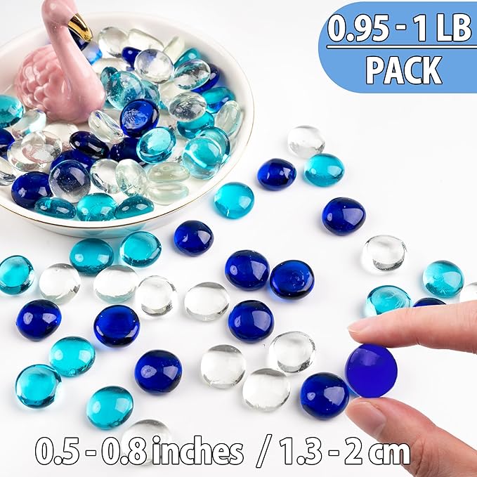 1LB Mixed Blue Glass Marbles, Transparent and Smooth Flat Glass Beads for Vases, Mosaic Gem Pebbles for Aquarium Decor, Floral Arrangements, Mancala Stones, Vase Filler and Crafts (Approx. 80-100 PCS)-PurrikoPets
