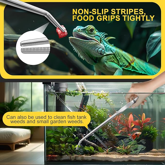 2pcs Reptile Feeding Tongs, Feeding Spoon, Stainless Steel Aquarium Feeding Tools, Curved Long Tweezers 10.6 in, Long Spoon 10 in (Coffee Spoon) for Feeding Lizards, Bearded Dragons and More.-PurrikoPets