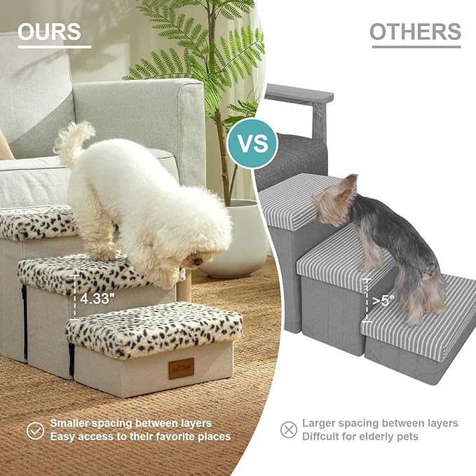 Dog Stair for Small Dogs with Storage, Foldable Pet Stairs for Medium or Puppy Dogs and Older Cats, Dog Steps for Bed or Couch with Soft Cover, 19.7x13x9.6 inch, 2 Tiers, Leopard-PurrikoPets