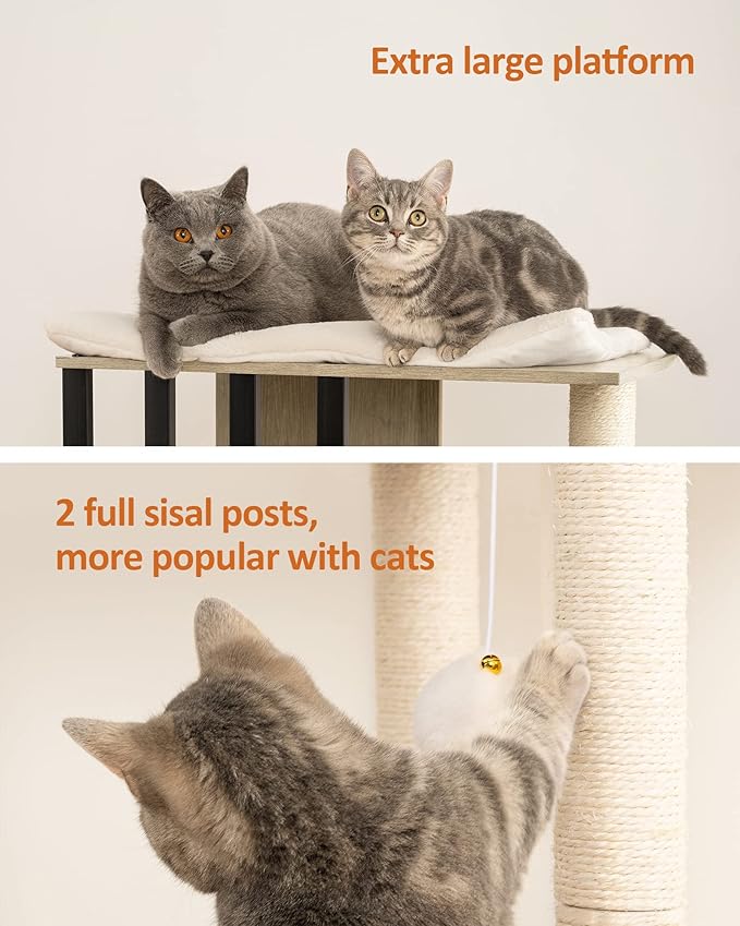 FourFurPets 43.8in 3-Tier Modern Cat Tree Tower Condo, Cat Scratch Posts for Indoor Cats, Big Plate, Two 19.7in Full Sisal Scratching Posts, Greige-PurrikoPets