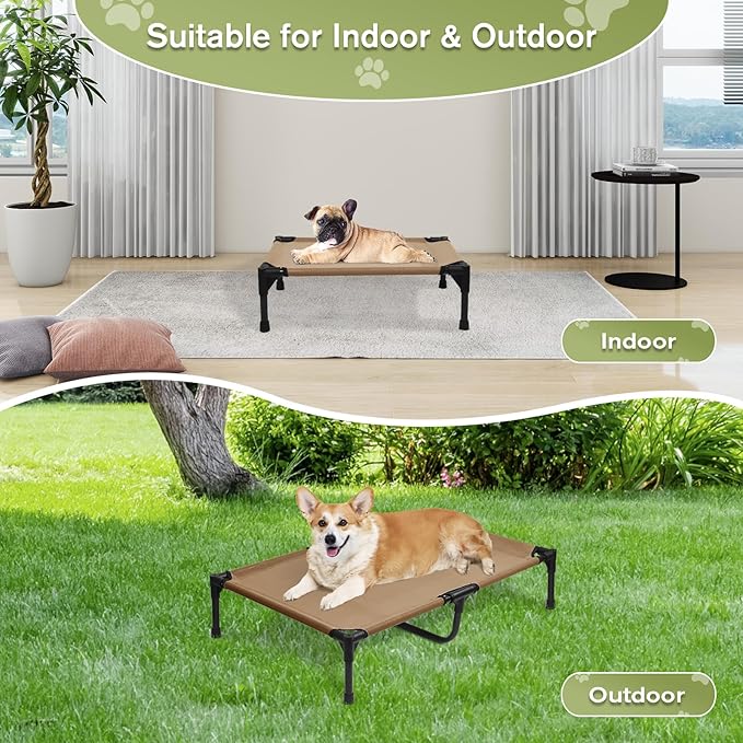 Elevated Dog Bed for Medium Dogs, Outdoor Cooling Raised Dog Beds Washable Pet Cot with Removable Mesh, Lifted Pets Hammock with Frame, Easy to Assemble, Brown, M-PurrikoPets