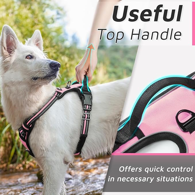 Eagloo Dog Harness Medium Sized Dog, No Pull Service Vest with Reflective Strips and Control Handle, Adjustable and Comfortable for Walking, No Choke Pet Harness with 2 Metal Rings, Pink, M-PurrikoPets