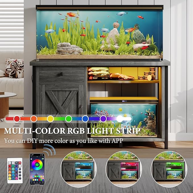 4ever2buy 55 Gallon Fish Tank Stand with LED Light & Power Outlets, 55-75 Gallon Aquarium Stand with Drawer & Barn Door, Cabinet for Fish Tank Accessories Storage for Reptile Tank, Turtle Tank, Gray-PurrikoPets