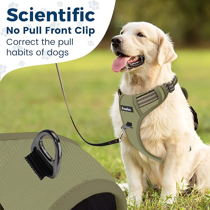 Funfox Dog Harness No Pull, Adjustable Pet Vest Harness, Super Soft Material with Vertical Handle Easy Control, Reflective Night Walking, 2 Leash Clips for Medium Sized Dogs, Army Green, M-PurrikoPets