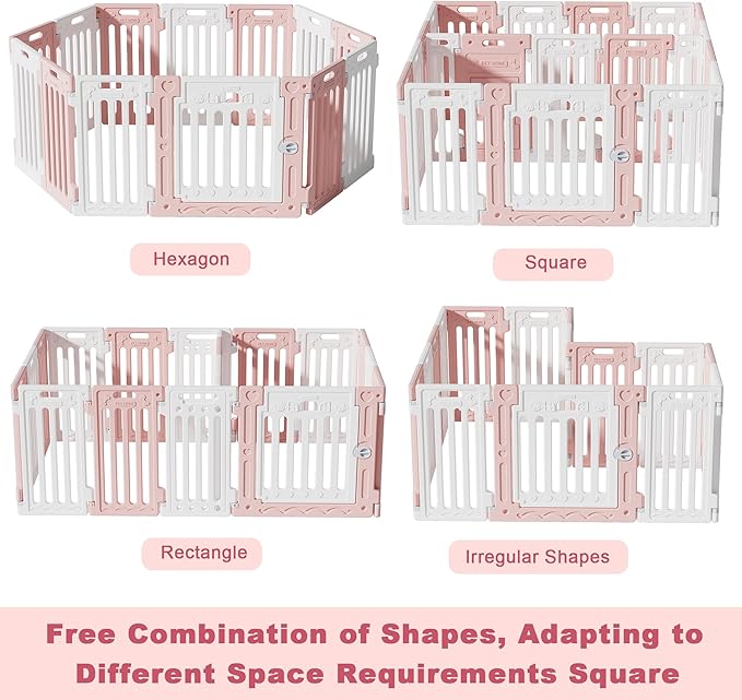 2 Room Dog Playpen with Door,DIY Shape Combination Puppy Pen,16-Panel+2 Link Piece+Large Door+Small Door,25.5" H Dog Fence,Non-Slip&Secure Pet Gate,Easy to Assemble,Pink + White-PurrikoPets