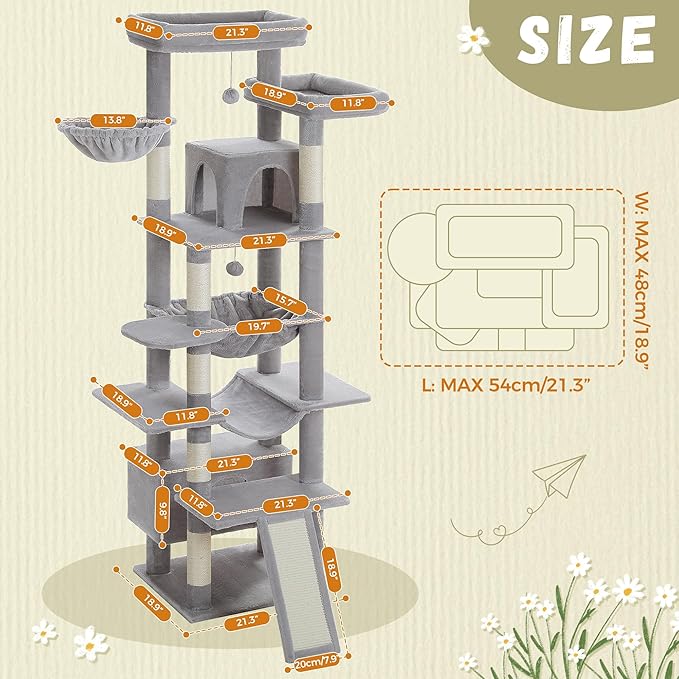 81 Inches Tall Cat Tree for Indoor Cats Large Adult - Heavy Duty Multi-Level Cat Tower with Large Metal Frame Hammock, Scratching Pad, 2 Top Perches, 2 Cozy Condos & 6 Scratching Posts - Gray-PurrikoPets