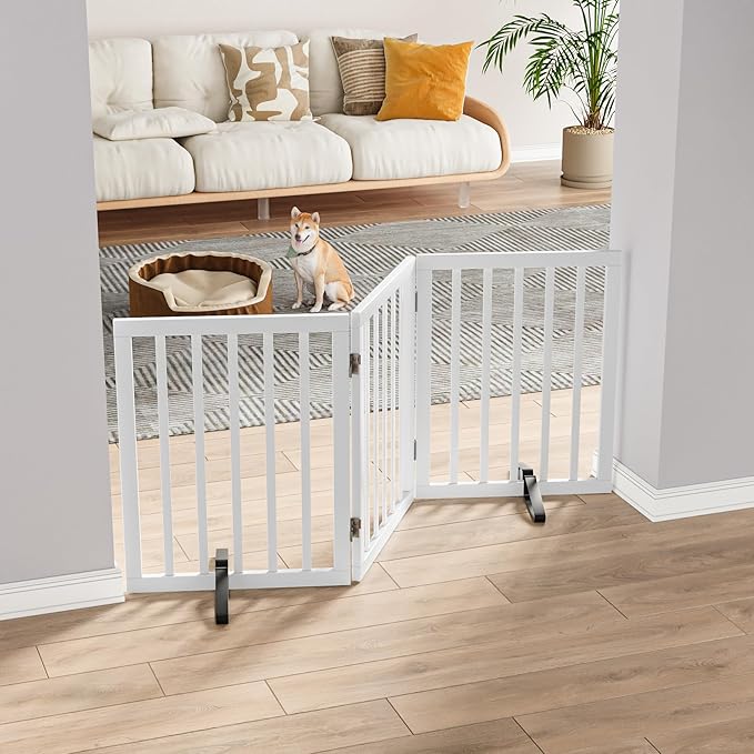 Dog Gates for The House Freestanding Foldable Pet Gates for Doorways 3 Panels 24'' Tall with 2PCS Support Feet Wooden White Dog Gate for Stairs-PurrikoPets