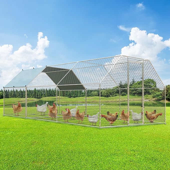 4ever2buy Large Metal Chicken Coop with Run Walk-in Poultry, Cage Chicken Runs House Pen Cage, Flat Roofed Chicken Coops with Anti-Ultraviolet Cover for Outdoor, Yard Farm, Use 9.2’Lx18.7’Wx6.4’H-PurrikoPets