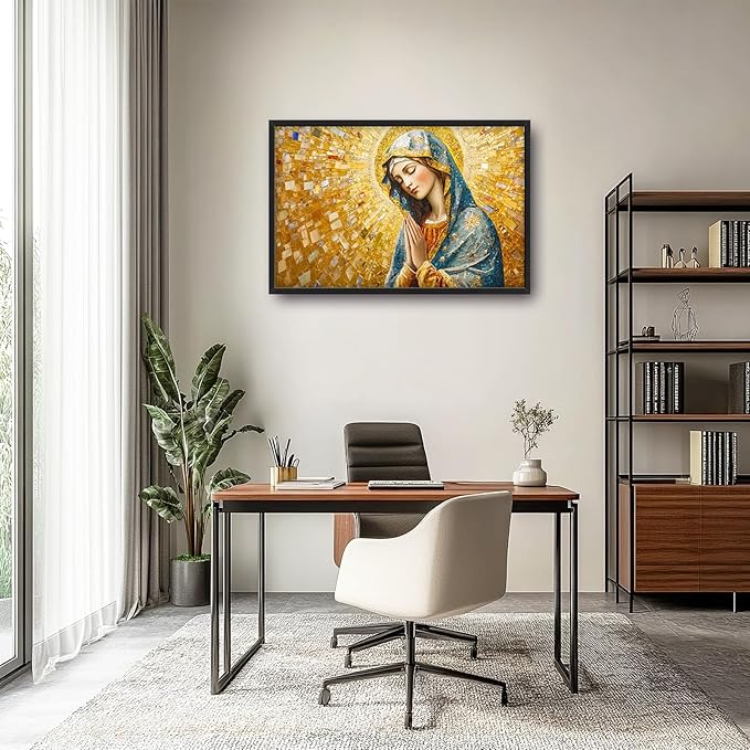 Extra Large Virgin Mary Framed Wall Art for Living Room,Oversized Golden Christian Religious Pictures Wall Decor,Canvas Print Painting Modern Artwork Bedroom Office Bathroom 36L" x 24W"-PurrikoPets
