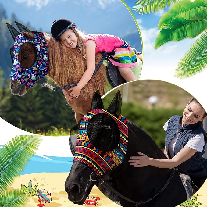 Frienda 4 Pieces Horse Fly Masks with Ears Face Covering UV Protection from Insect Pests Elasticity Smooth Comfortable Mesh Horse Mask Accessories(Geometric,Medium)-PurrikoPets