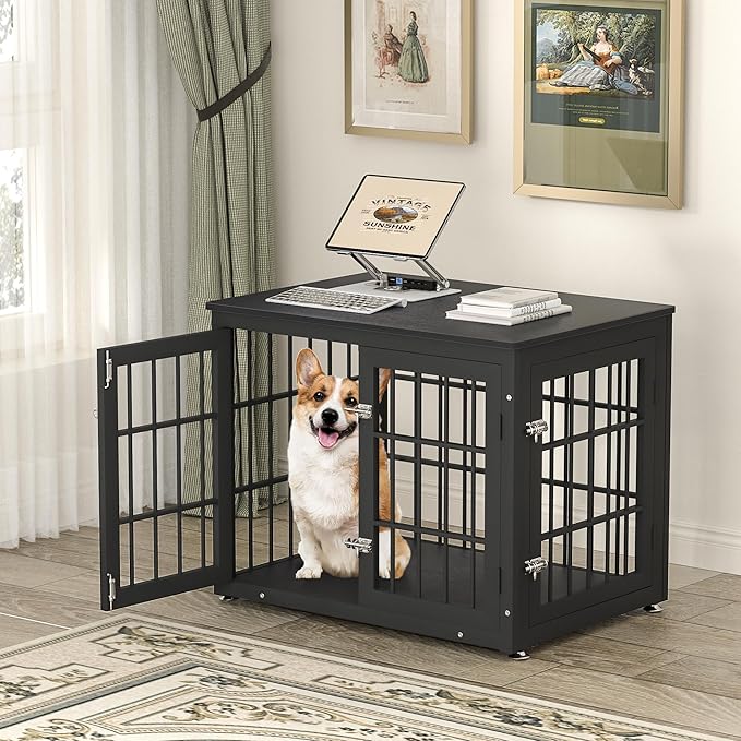 32 Inch Heavy Duty Dog Crate Furniture for Medium and Small Dogs, Decorative Pet House End Table, Wooden Cage Kennel Furniture Indoor, Black-PurrikoPets