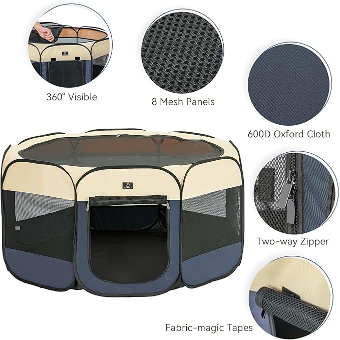 A 4 Pet Portable Dog Playpen, 49” Playpen for Dogs with Bowl, Suitable for Puppies, Kittens, and Small Animals, Removable Zipper & Mesh Panel(19”W × 12”H)-PurrikoPets